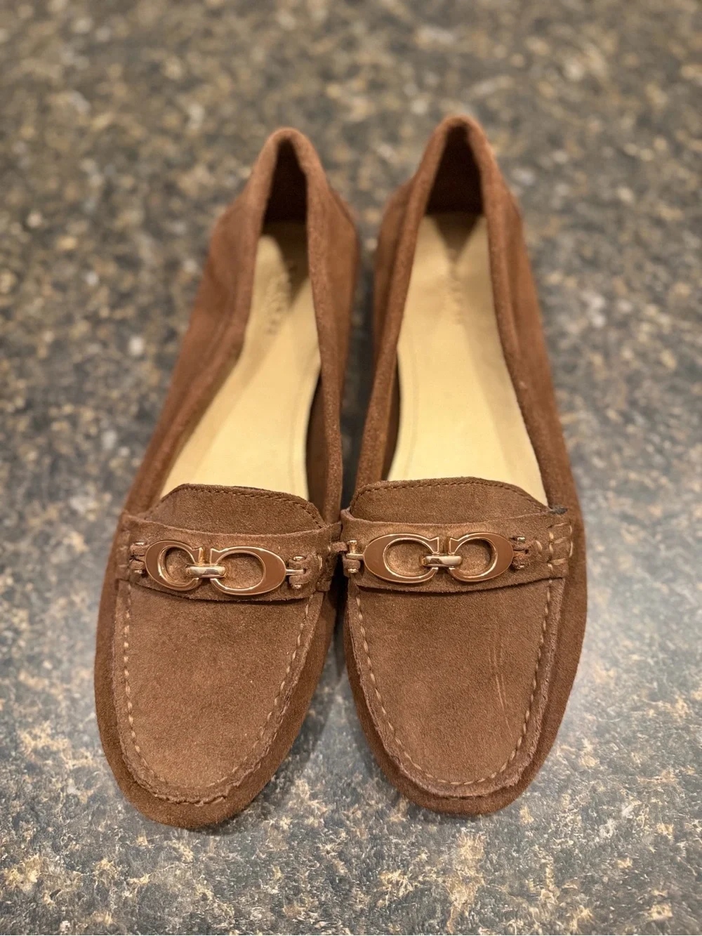 Coach Brown Suede Loafers with Gold Hardware
